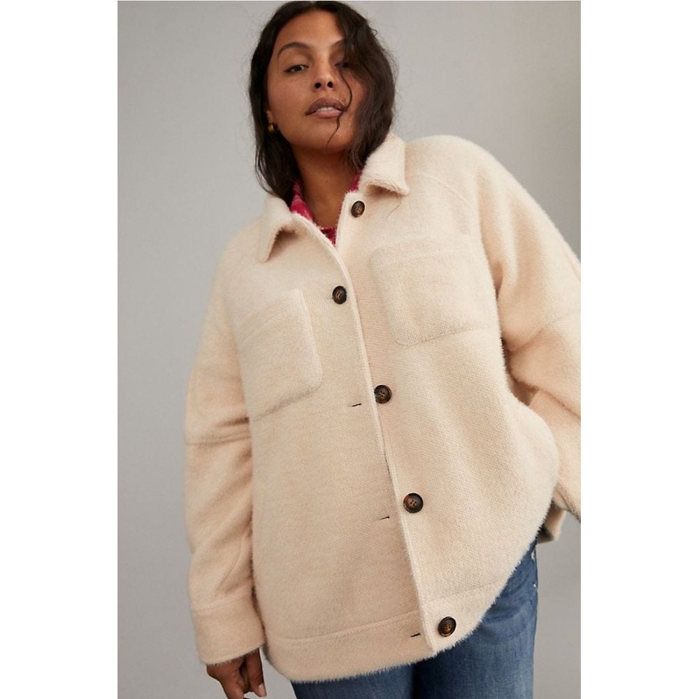 GREYLIN Cream Fuzzy Button Front Shacket‎ Shirt Jacket Women's Size S